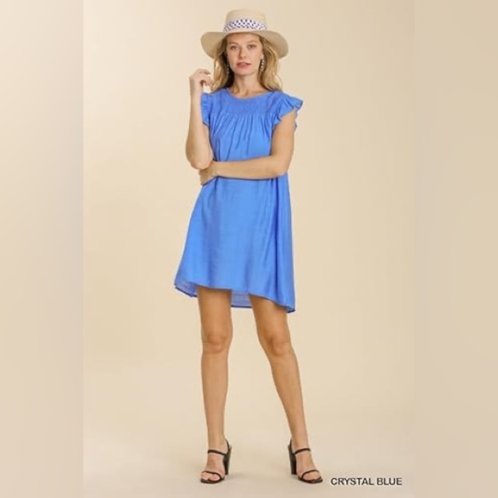 Umgee Blue Babydoll Dress Smocked Ruffle Sleeve Cottagecore M - Picture 2 of 11